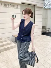 復古スタイルの薄手デニムベスト【夏用・カジュアル・フィット・ストライプワイドパンツ】（セットアップ対応）