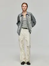 Simple Project 白色コットン製 ヴィンテージ感のあるダメージデザイン ストレートレッグカジュアルデニムパンツ