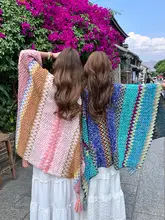 民族風ニットフリンジショール【旅行・観光用・女性用・肩掛け・大判】