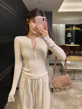 ACHI コーヒー色 ウール混ハーフオープン ネック ニットトップス【長袖・スリムフィット】