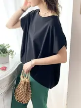夏用 褶皱デザインのルーズフィットTシャツ【コットン・クルーネック・短袖・無地】（セットアップ対応）
