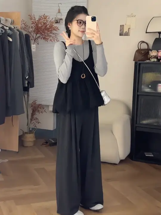 フィット長袖ニットトップス【韓国風・重ね着・春秋用】（セットアップ対応）