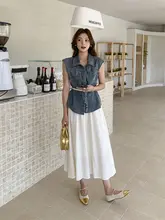 レトロデニムベストとミニスカートのコーディネート【夏用・カジュアル・キュート】（セットアップ対応）