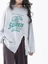 レモンイラストの花柄長袖Tシャツ【女の子用・春秋・スリットデザイン】（セットアップ対応）