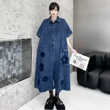 ユニークデザインの復古デニムオールインワン【短袖・フラワープリント・ゆったりシルエット】（セットアップ対応）