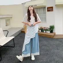 夏のレジャーに最適！レースの不規則なフリルブラウスとデニムパンツ（セットアップ対応）