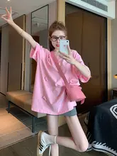 立体小熊デザインの粉色半袖Tシャツ【ゆったり・カジュアル・コットン】