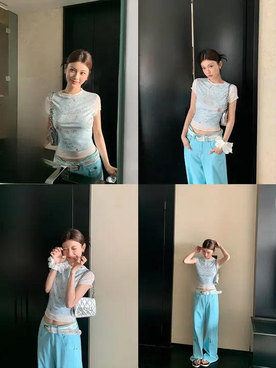 春夏向けブルーメッシュ半袖シャツ【タイトフィット・デザイン性あり】とストレートカーゴパンツ【個性的・絶妙なスタイル】（セットアップ対応）