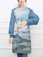 水彩荷花柄 エプロン【長袖・反対掛け・男女兼用・キッチン作業用】