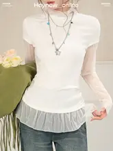 甘美なメッシュ切替のハイネックTシャツ【春用・レイヤードスタイル・女性用】