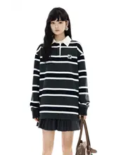冬季ヴィンテージ風ポロカラーストライプルーズフィット女性用スウェット