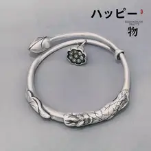 足銀製 魚が遊ぶ蓮の花ブレスレット【新中式デザイン・レトロな銀細工】