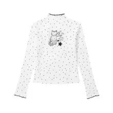 猫柄ドットデザインのハイネック長袖Tシャツ【フリル付き・女性用・短丈】