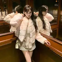 酒渍桃子カラーの獭兔ファーコート【女性用・フード付き】