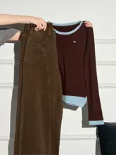 長袖カラーブロックデザインの女性用ワイドパンツ【カフェ色・秋冬用】（セットアップ対応）