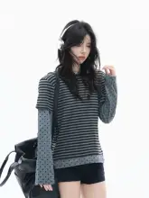 トップス レディース 長袖Tシャツ フェイクレイヤード ストライプ 水玉 パッチワーク ヴィンテージ Y2K
