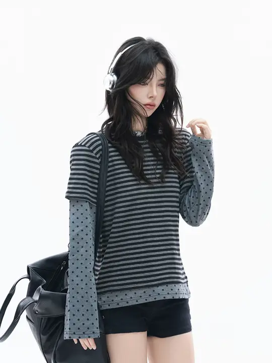 トップス レディース 長袖Tシャツ フェイクレイヤード ストライプ 水玉 パッチワーク ヴィンテージ Y2K