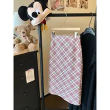 学院スタイル チェック柄ウールミニスカート【春用・ピンク・タイトAライン】