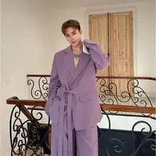 紫色のカジュアルスーツ【レトロスタイル・ワイドパンツ・高級感のあるデザイン・テーラードジャケット】（セットアップ対応）