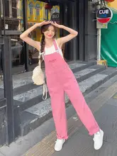 粉色のカジュアルデニムサロペットパンツ【春秋用・ストレートデザイン・女性用】