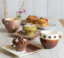 美濃焼手作り陶器 コーヒー豆デザインマグカップ【ヴィンテージ風・デザート皿付き】