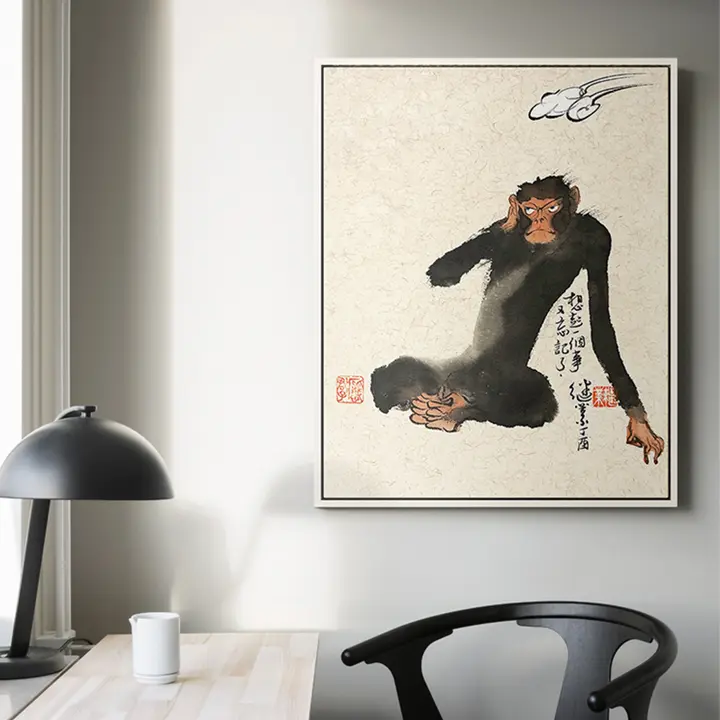 新中式 縦型玄関装飾画【禅意・水墨画・猿】