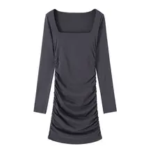 ボディラインを引き立てる四角ネックのセクシー包臀ドレス【スリムフィット・ドレープデザイン・春秋用】