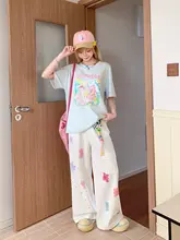 かわいいクマデザインのホワイトワイドパンツ【フィット・夏用】（セットアップ対応）