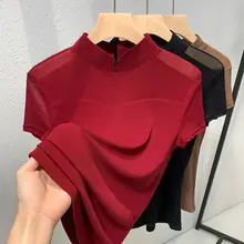 上質なシフォン素材の女性用短袖Tシャツ【タートルネック・スリムフィット・ワインレッド】