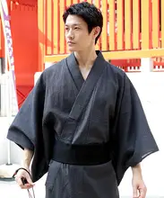 男性用浴衣【日本伝統・武士風・コットンリネン製・ウエストベルト付き】