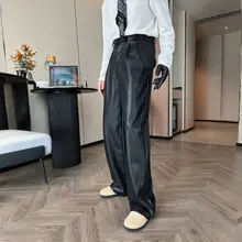 ブラックレザーパンツ【ルーズフィット・ストレート・カジュアル・PU素材】