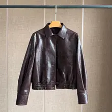 オイルワックス仕上げの羊革ジャケット【レディース・翻领・スタイリッシュデザイン・ウエストゴム】