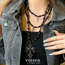 多重重ね着けゴシック風クロスネックレス【黒ビーズ・デザイン性の高いアクセサリー・女性用】