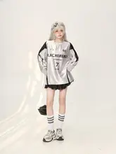 長袖Tシャツ トップス レディース シルバーサテン パッチワーク レタープリント 丸首 オーバーサイズ アメリカン風 ルーズ 春夏 薄手