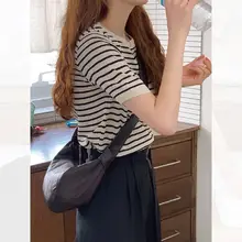 アイスシルクストライプニット半袖トップス【夏用・薄手・カジュアル・ショート丈・レトロ学院風】