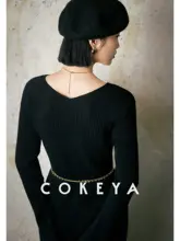 COKEYA 羊毛混紡 Vネック長袖ニットワンピース【ウエストマーク・秋冬用】