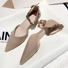 カーキ色のレトロスエードコンフォートサンダル【尖ったトゥ・メッシュ・太ヒール】