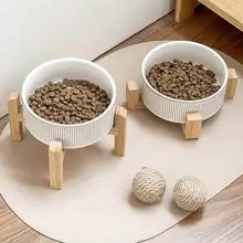 猫用食器 セラミック 木製スタンド ストライプ 首への負担軽減 転倒防止 フードボウル ウォーターボウル 食品グレード