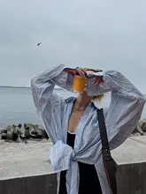 MOERSHOP ストライプBFスタイル UVカットシャツ【夏用・ゆったりフィット】