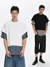 美式レトロストライプのジョイントデザイン半袖Tシャツ【ユニセックス・ゆったりシルエット・通勤向け】（セットアップ対応）