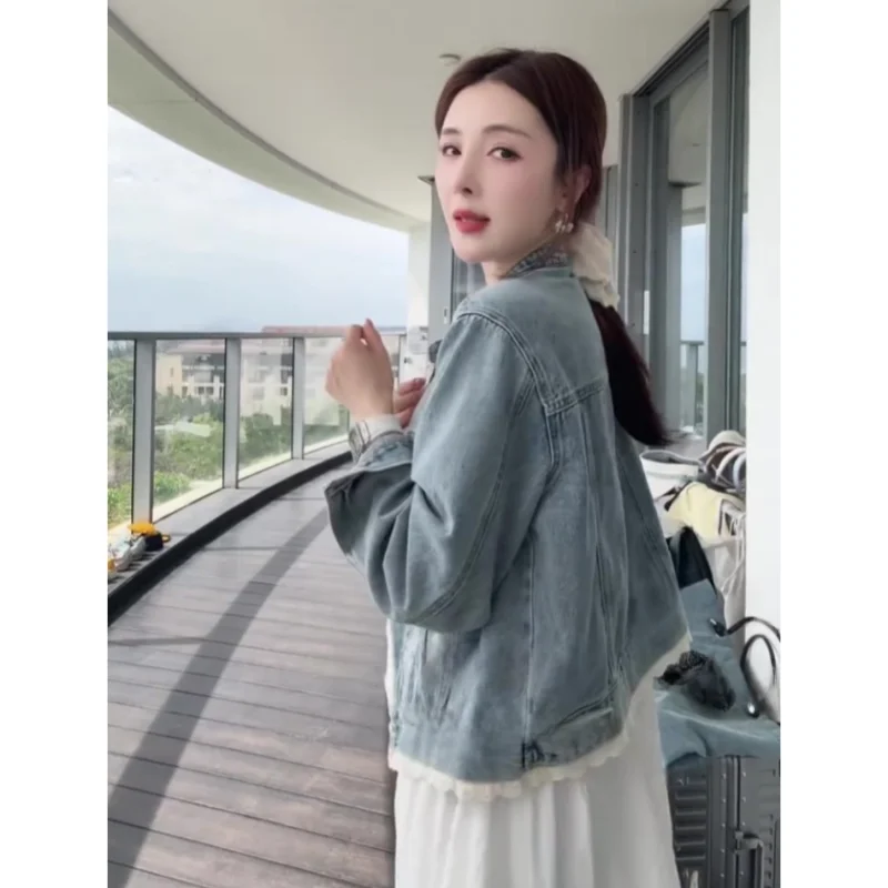 レースフリルデザインのデニムジャケット【女性用・カジュアル・春秋向け・ゆったり】