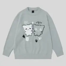 猫の刺繍入りラウンドネックニットセーター【秋冬用・ユニセックス・ルーズフィット】（セットアップ対応）