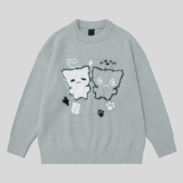 猫の刺繍入りラウンドネックニットセーター【秋冬用・ユニセックス・ルーズフィット】（セットアップ対応）