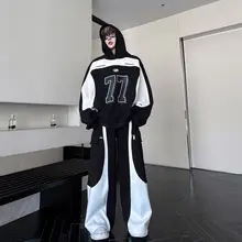 秋の新作デザイン！男女兼用のワイドプルオーバーとロングパンツ【カラーブロック・ロゴデザイン】（セットアップ対応）