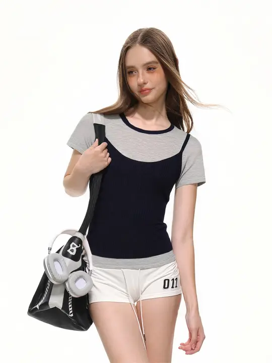 夏用 レディスカラーアクセント クルーネック半袖Tシャツ【フィット感あるデザイン・ニット素材】