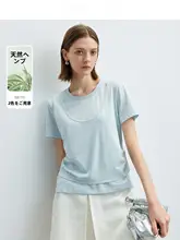 Tシャツ レディース 半袖 クルーネック リネン フェイクレイヤード ブルー カジュアル 夏
