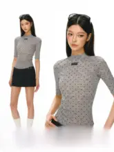 レトロドット柄の透け感のある女性用中袖Tシャツ【夏用・スリムフィット】