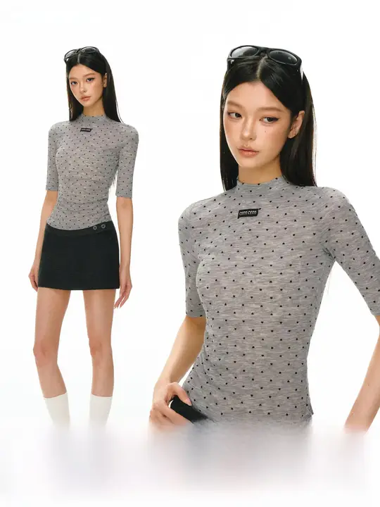 レトロドット柄の透け感のある女性用中袖Tシャツ【夏用・スリムフィット】