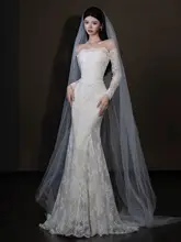 一字肩長袖軽婚式ドレス【レトロなフランス風・レース・フィッシュテール・ウェディング】