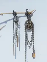 ピアス イヤリング ロングチェーン スチームパンク ボヘミアン アシンメトリー フェザー 真鍮
